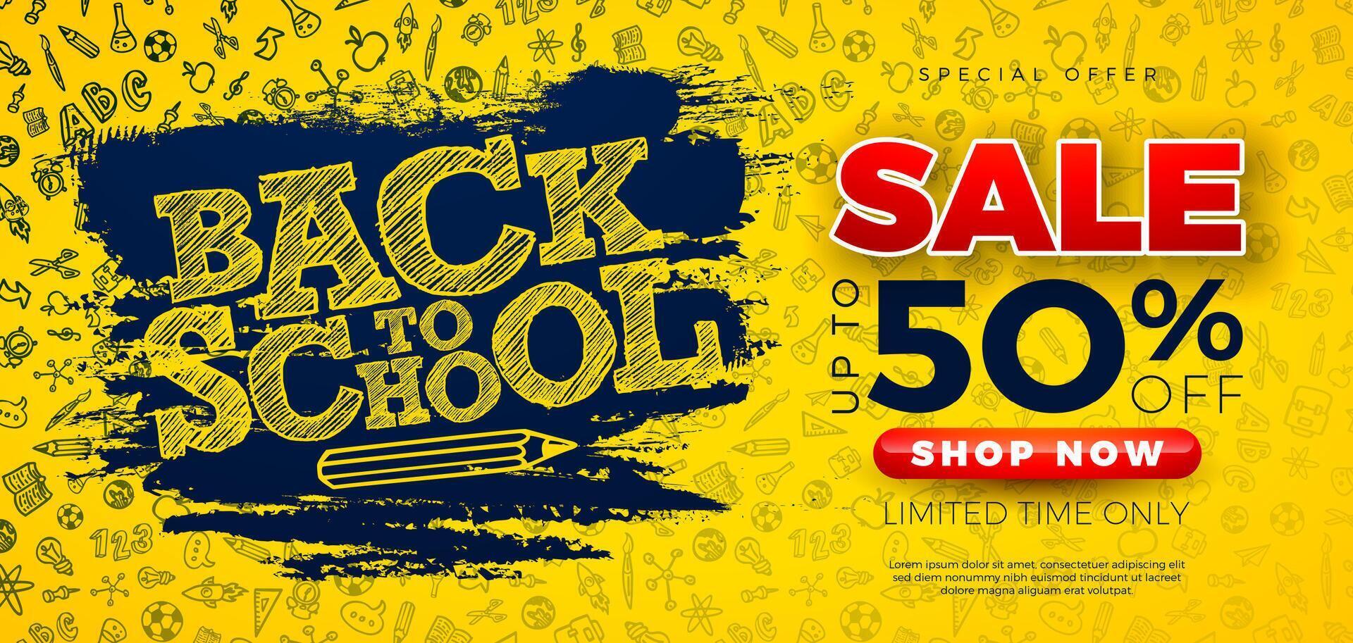 Back to School Sale Design with Chalk Scribble and Typography Lettering on Yellow Hand Drawn Doodles Background. Business Concept Illustration with Special Offer Elements for Coupon, Voucher vector