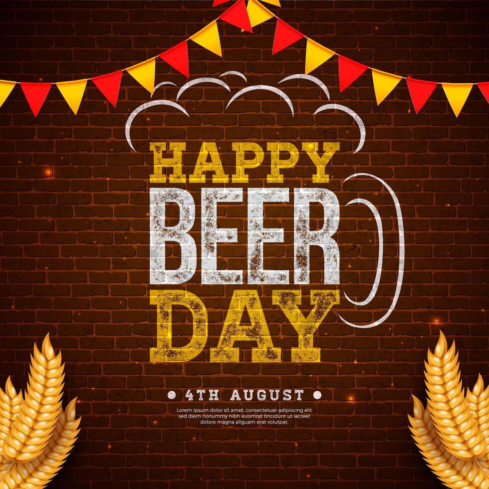 International Beer Day Design with Symbols of Freshly Tapped Beer in the Mug, Barley Ears and Party Flag on Brick Wall Background. August 4 Cheers Celebration Holiday Illustration with vector