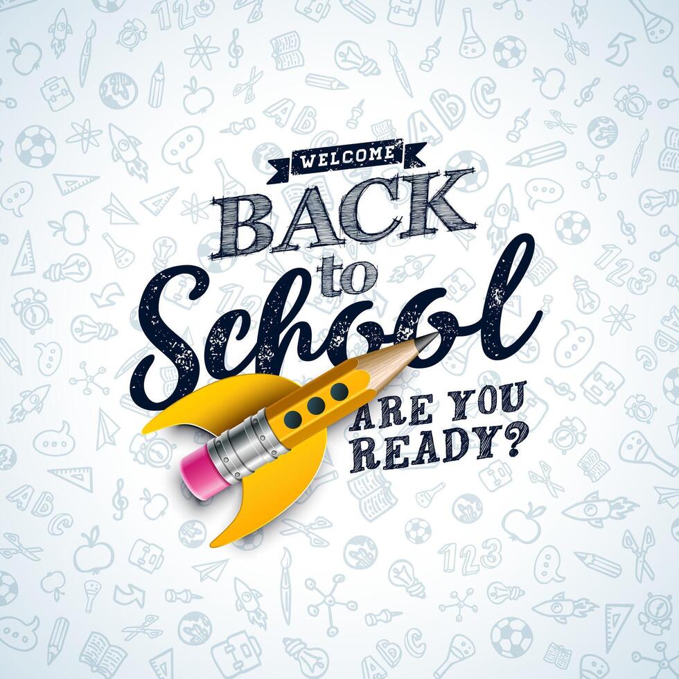 Back to School Design with Flying Rocket Pencil and Typography Lettering on Checkered Paper Background. School Education Illustration with Hand Drawn Doodles for Greeting Card, Banner, Flyer vector