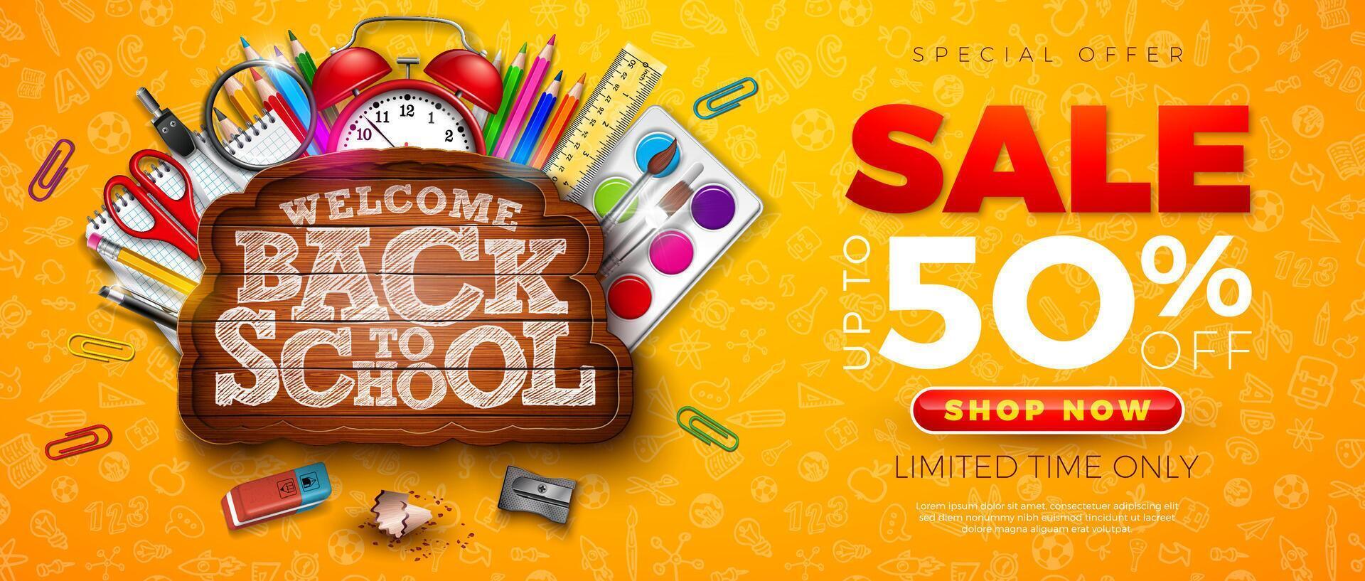 Back to School Sale Design with Alarm Clock and School Items on Yellow Hand Drawn Doodles Background. Education Business Concept Illustration with Special Offer Typography Elements for Coupon vector
