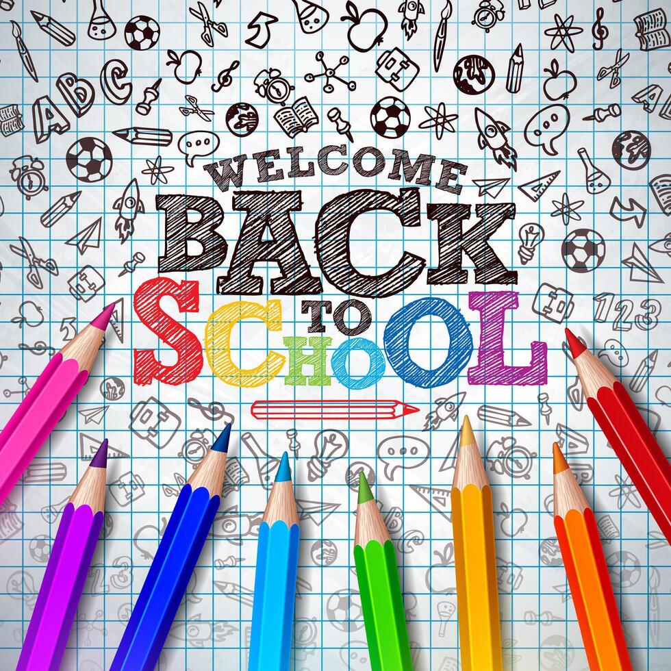 Back to school design with colorful pencil and typography letter on square grid booklet background. education concept illustration for greeting card, banner, flyer, invitation, brochure or vector