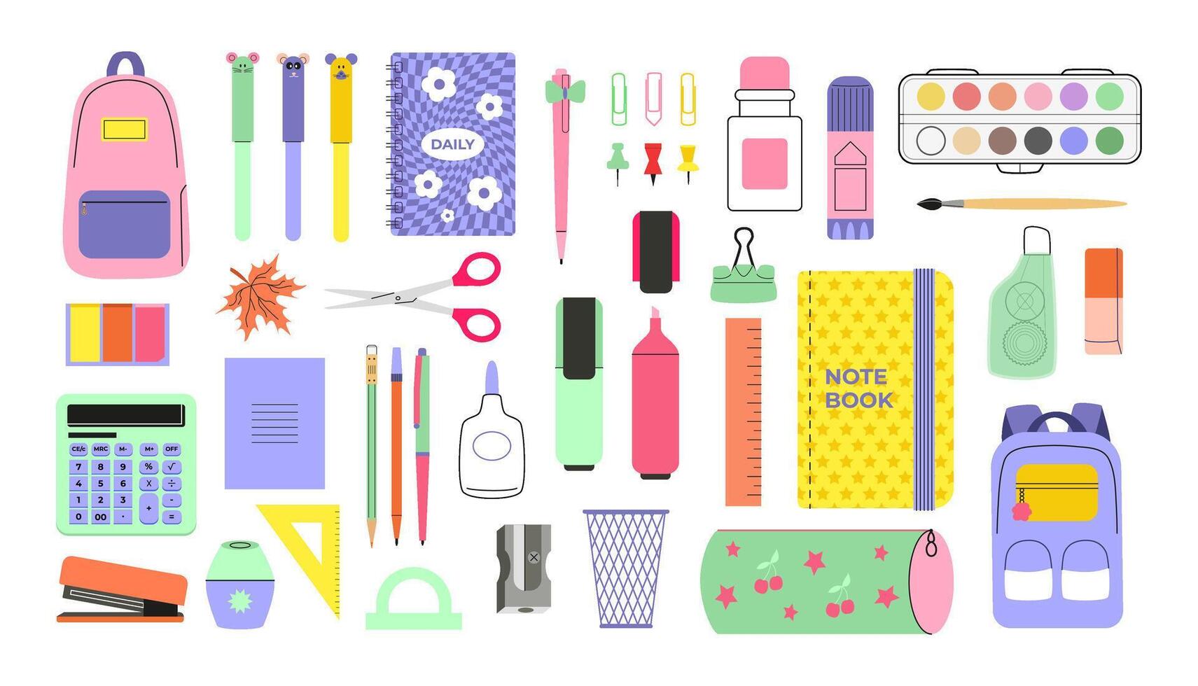 Back to school stickers and doodles. School supplies and accessories. Education, science. drawing isolated on white. vector