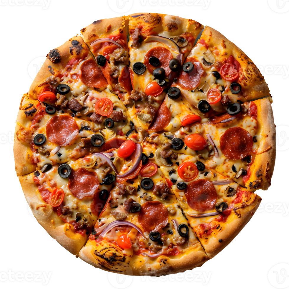 Freshly baked pizza with a cut slice isolated on transparent background png