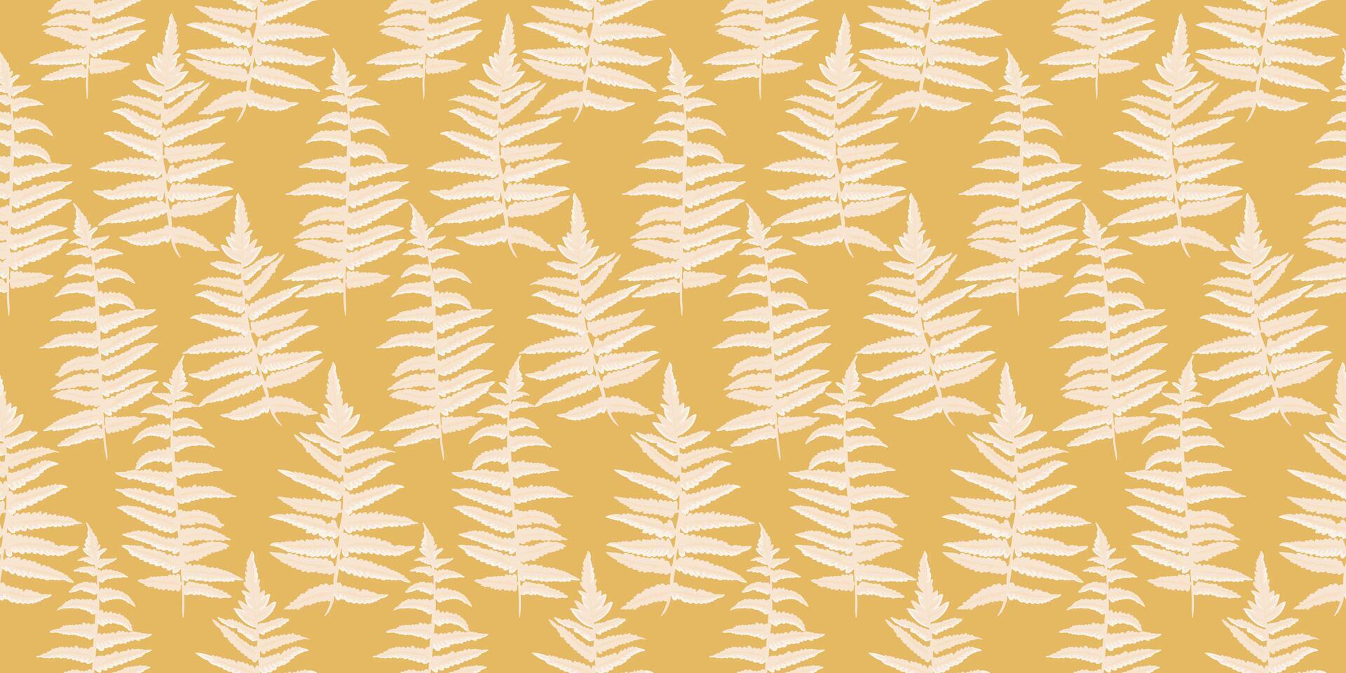 Vintage yellow pattern with abstract artistic branches leaves fern. hand drawing. Shapes stylized plants seamless print. Simple ornament for designs, textile, fabric, cover vector