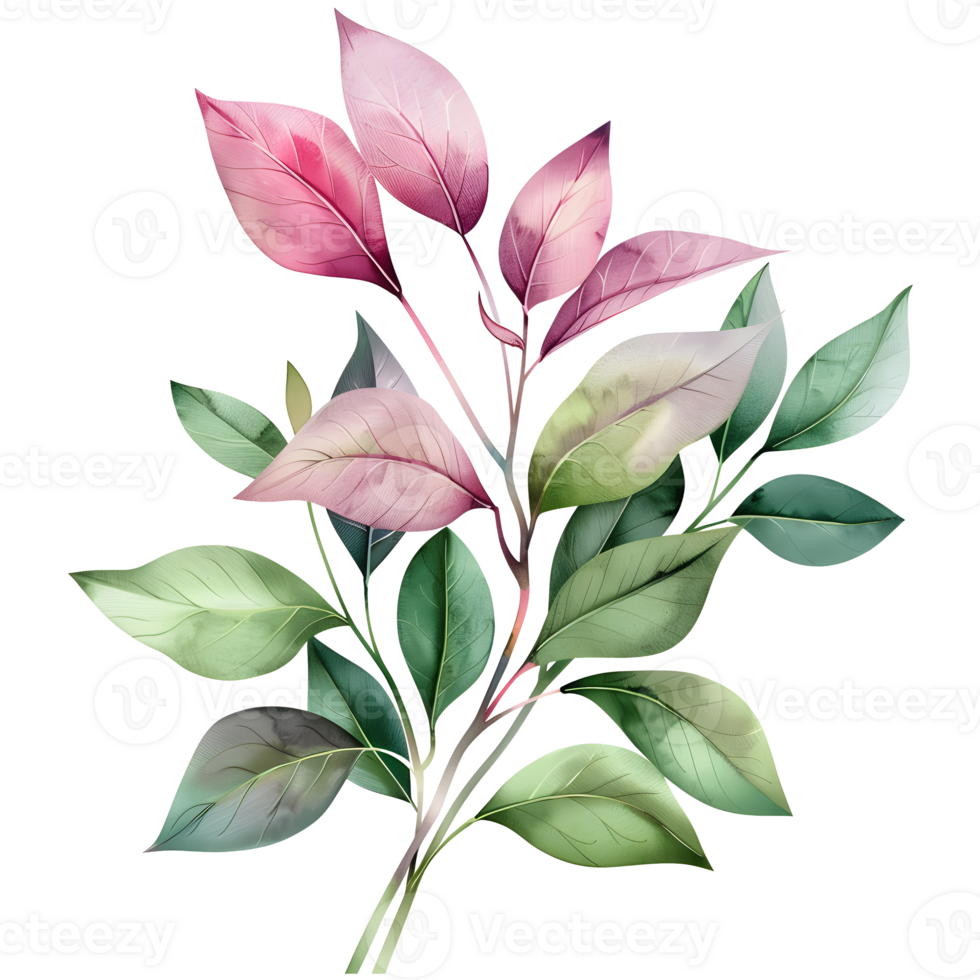 Hand drawn watercolor floral leaves illustration on transparent background with delicate details png