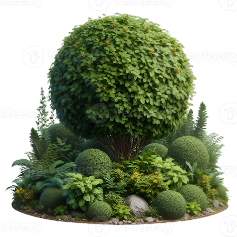 A 3D bush plant on a transparent background showcases detailed, lifelike foliage with rich, green hues. png