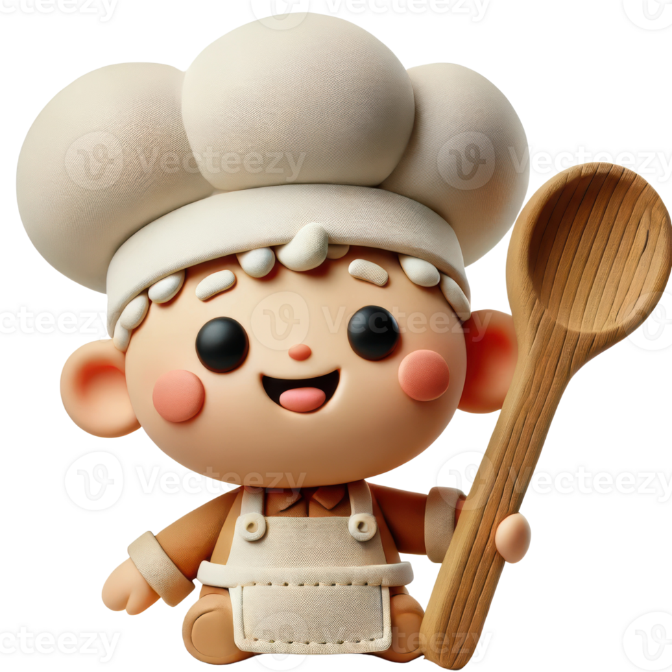 Adorable 3D clay chef character with a wooden spoon, perfect for kids' future occupation themes. png