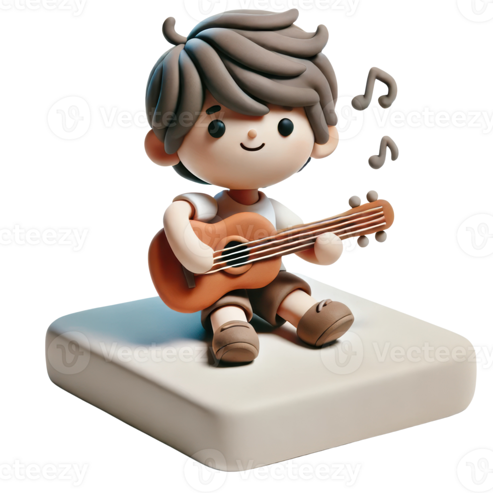 Charming 3D clay musician character playing guitar, ideal for kids' future occupation themes. png