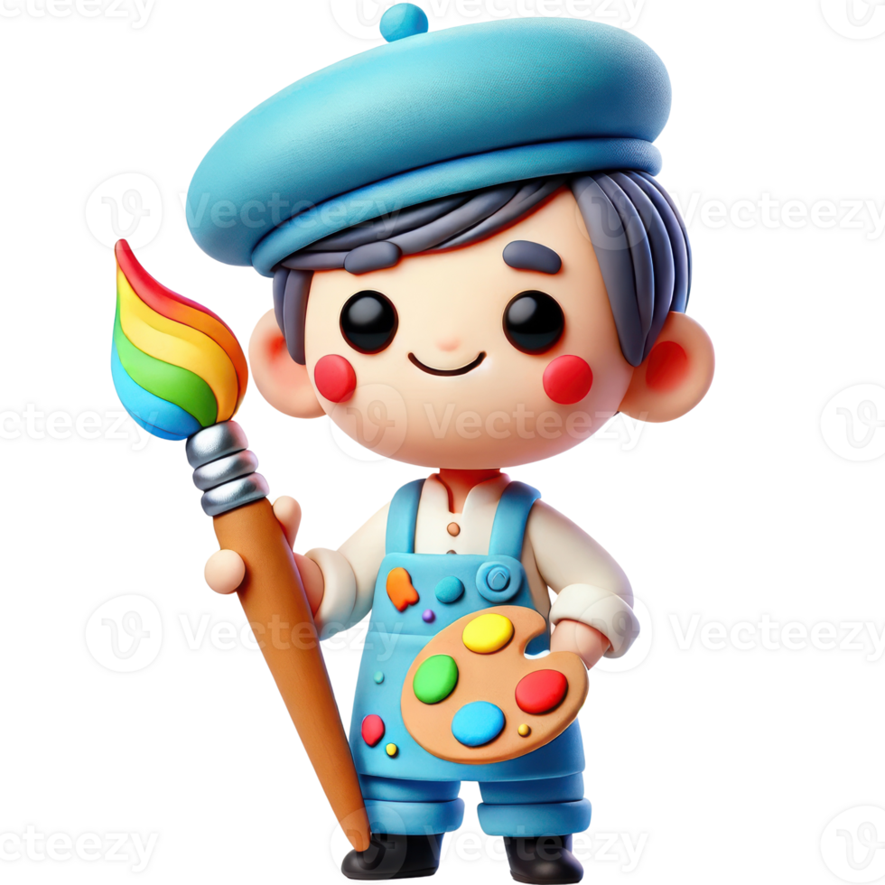 Lovable 3D clay artist character with paintbrush, great for kids' future occupation themes. png