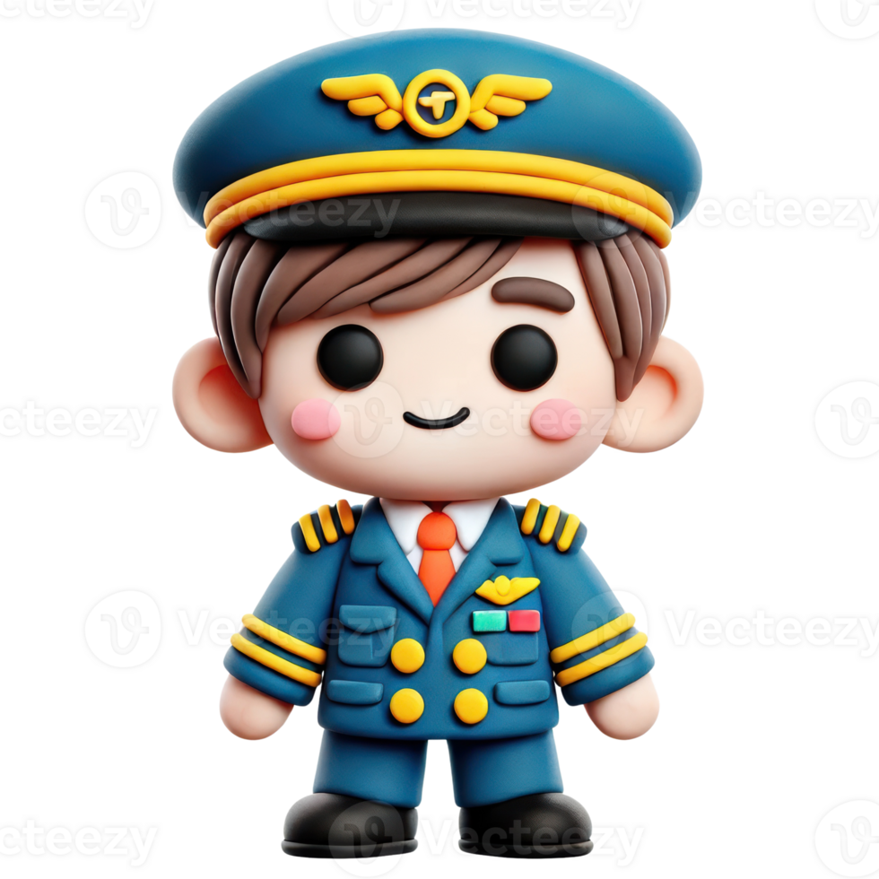 Charming 3D clay pilot character in uniform, ideal for kids' future occupation themes. png