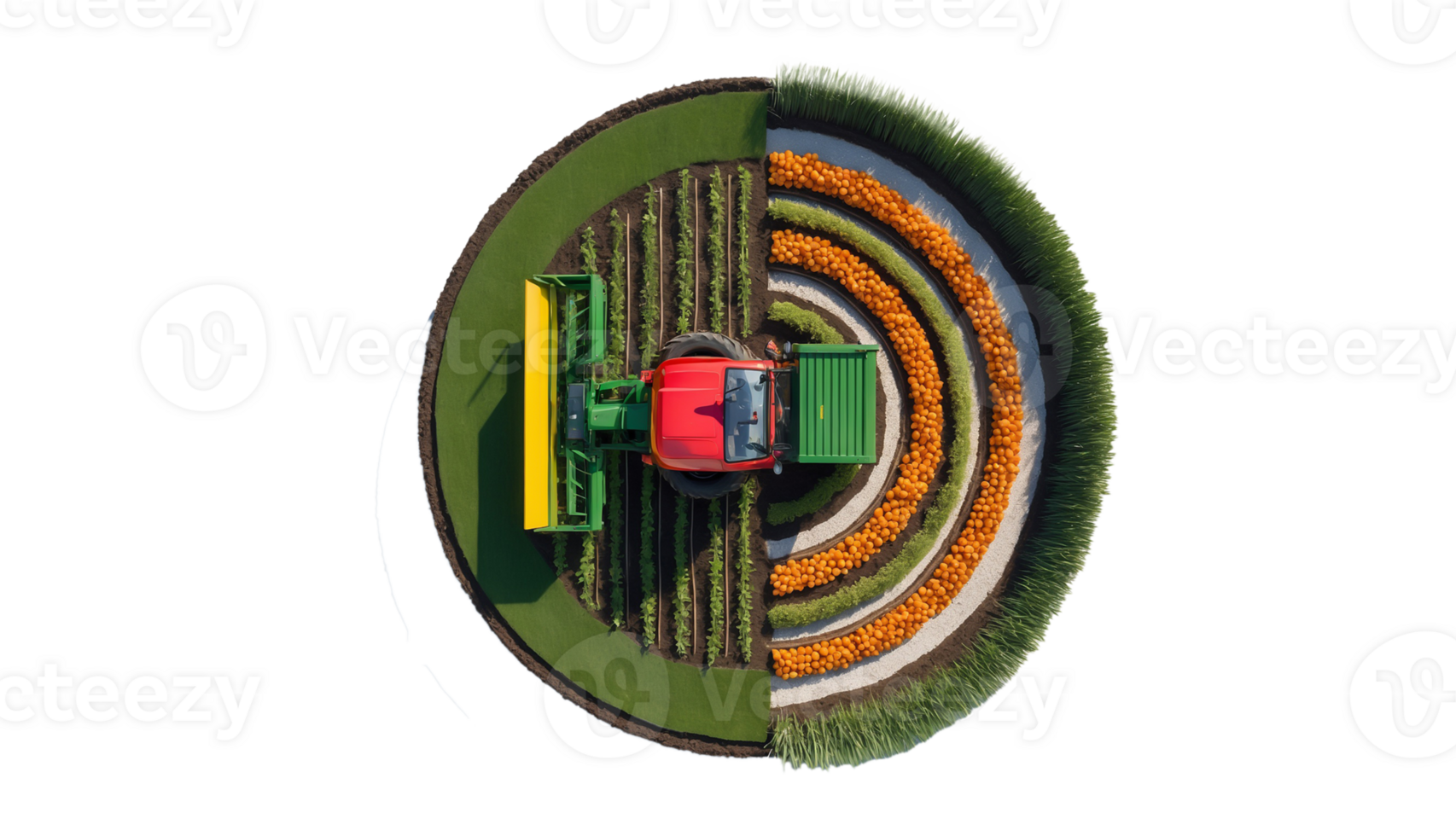 3D Round Isometric Harvest Farm with Tractor and Plantation I png