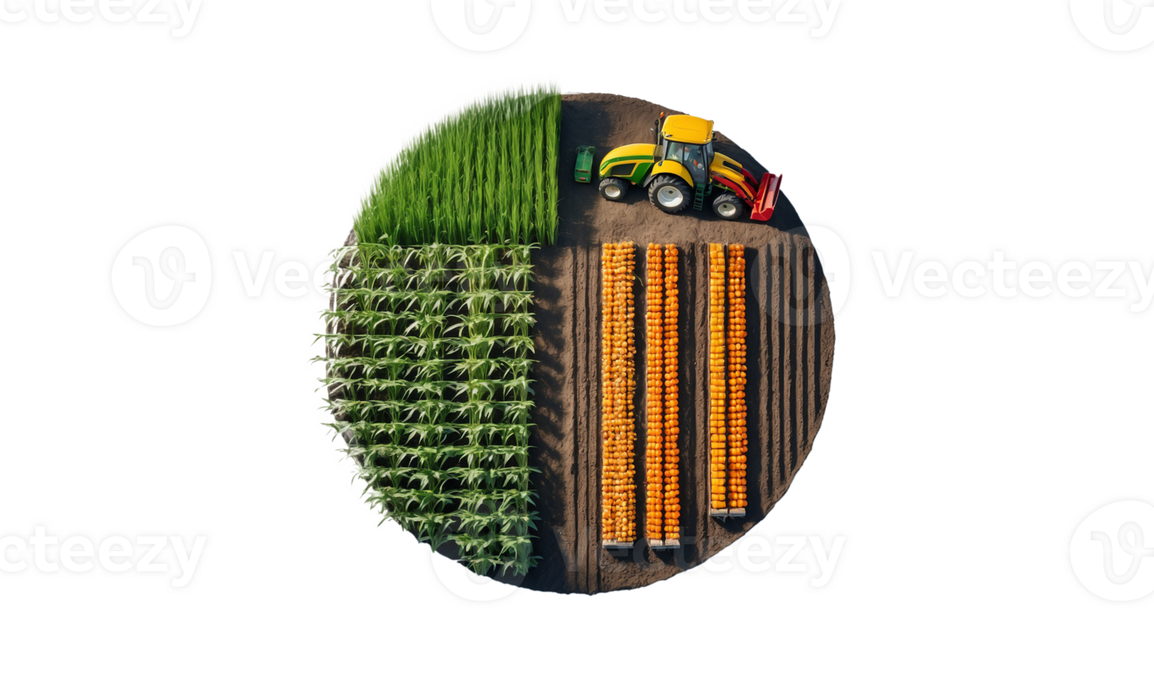 3D Round Isometric Harvest Farm with Tractor and Plantation I png