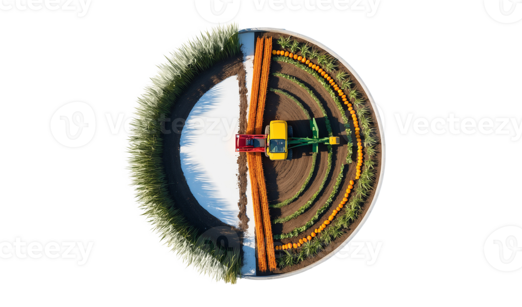 3D Round Isometric Harvest Farm with Tractor and Plantation I png