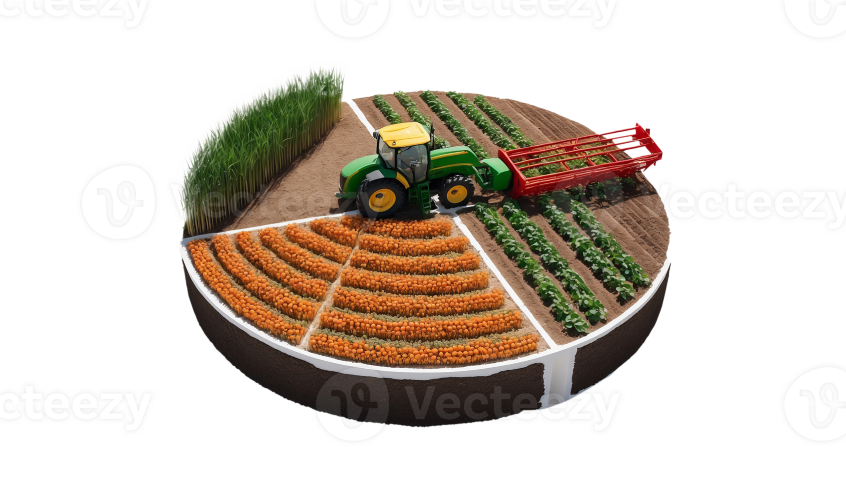 3D Round Isometric Harvest Farm with Tractor and Plantation I png