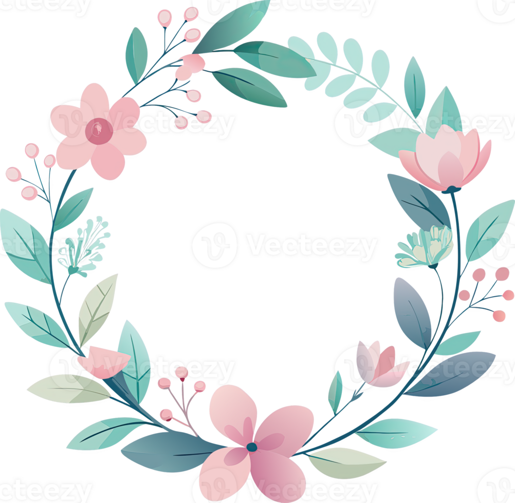 Floral wreath with pink flowers and blue-green leaves. Perfect for spring or wedding themes. png