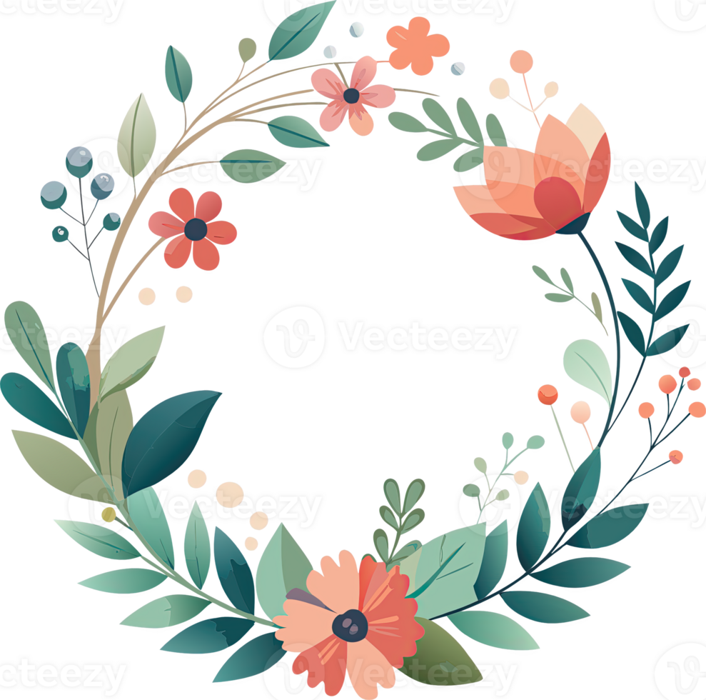 A vibrant floral wreath with pink flowers, green leaves, and berries. Perfect for spring or summer designs. png
