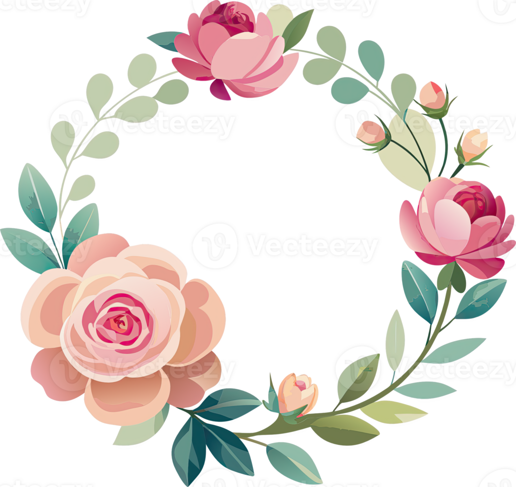 A delicate floral wreath with pink roses and green leaves, perfect for adding a touch of elegance to your design. png