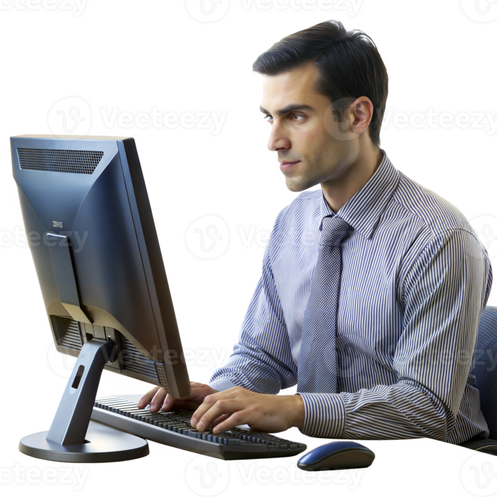 Man focused on desktop computer work png