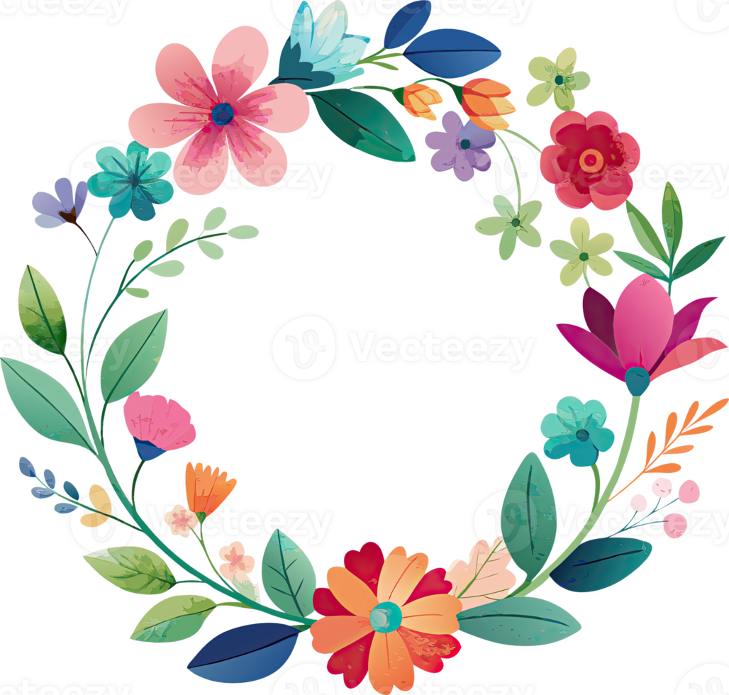 Colorful floral wreath with vibrant flowers and green leaves. Perfect for spring and summer designs. png