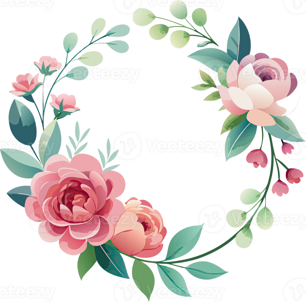 A delicate floral wreath with pink and purple flowers and green leaves, perfect for spring or wedding decor. png