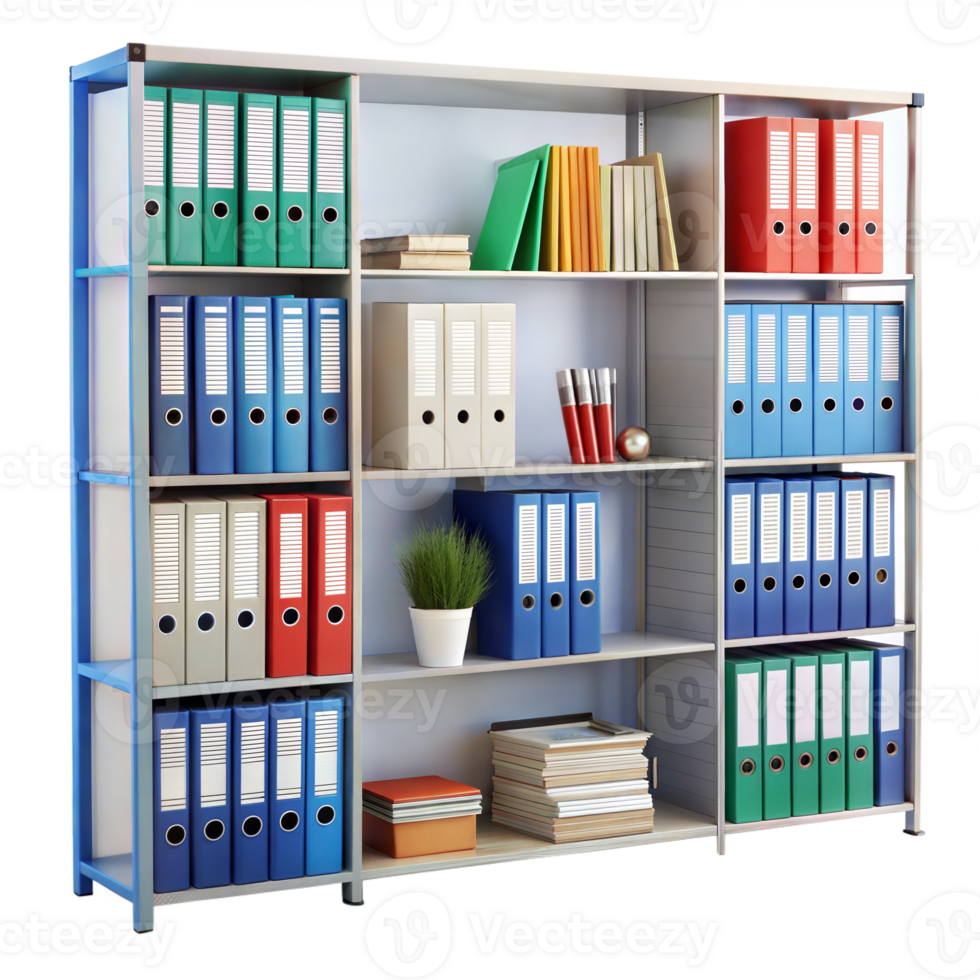 Office shelving unit filled with binders and books png