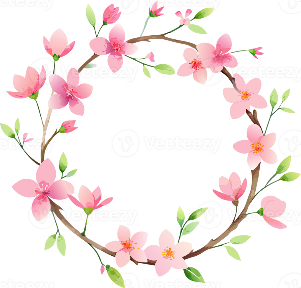 A delicate wreath of pink cherry blossoms and green leaves, perfect for spring or wedding decor. png