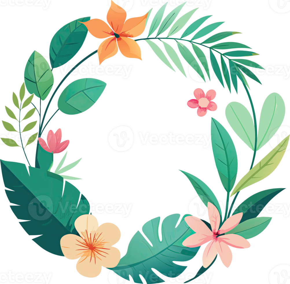 A vibrant floral wreath with tropical flowers and leaves in shades of green, pink, and orange. png