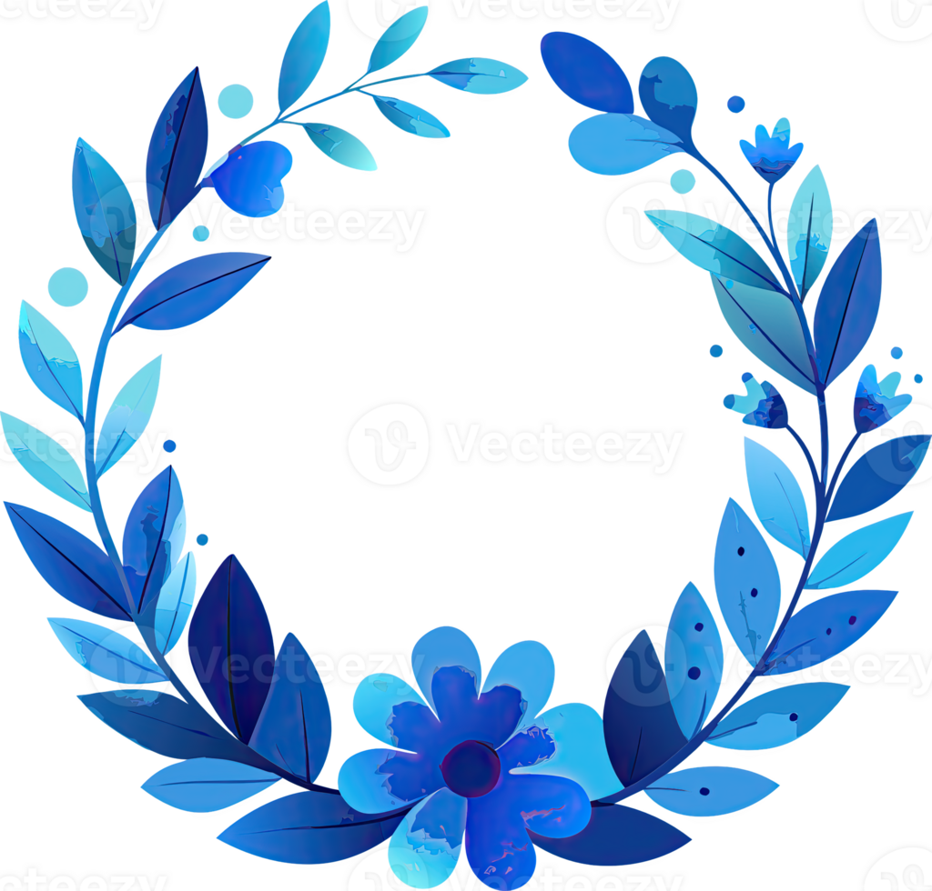 A vibrant blue floral wreath with delicate leaves and flowers, perfect for adding a touch of elegance to your designs. png