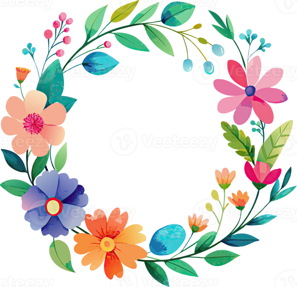 Colorful floral wreath with vibrant flowers and leaves, perfect for spring and summer designs. png