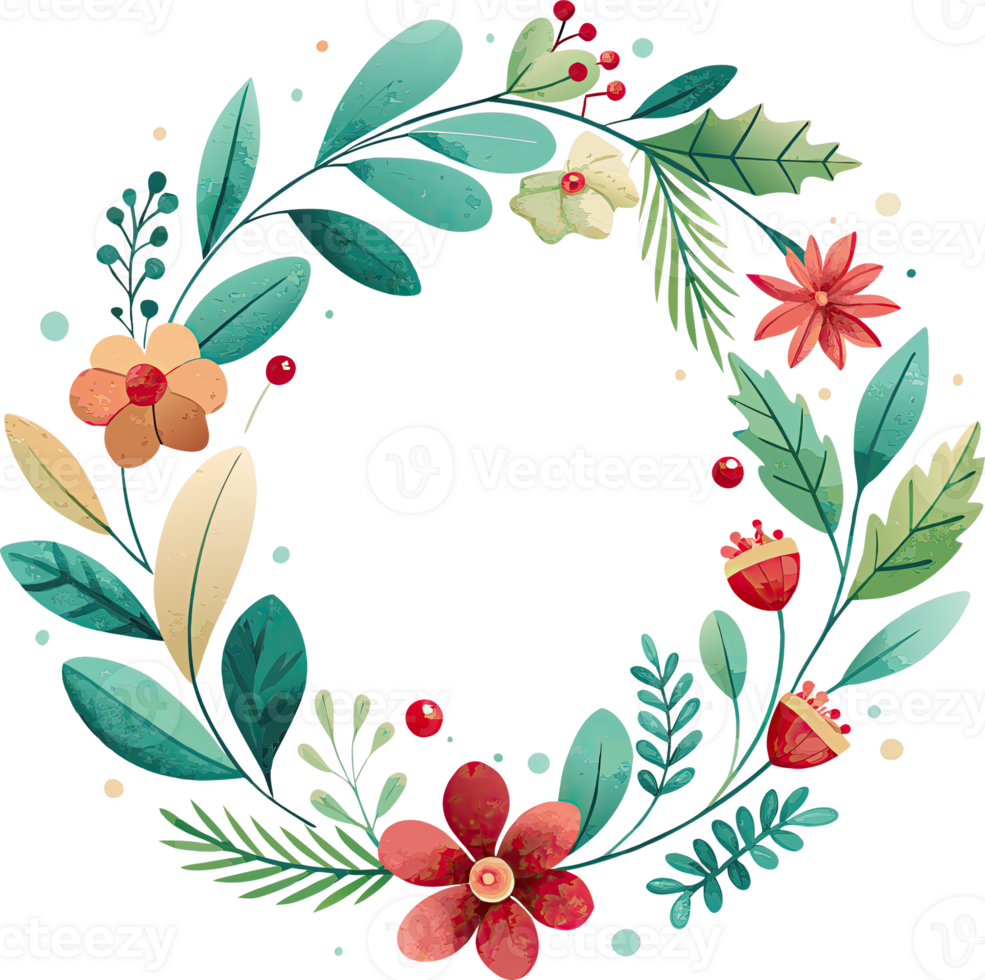 A colorful floral wreath with green leaves, red berries, and yellow and red flowers. png