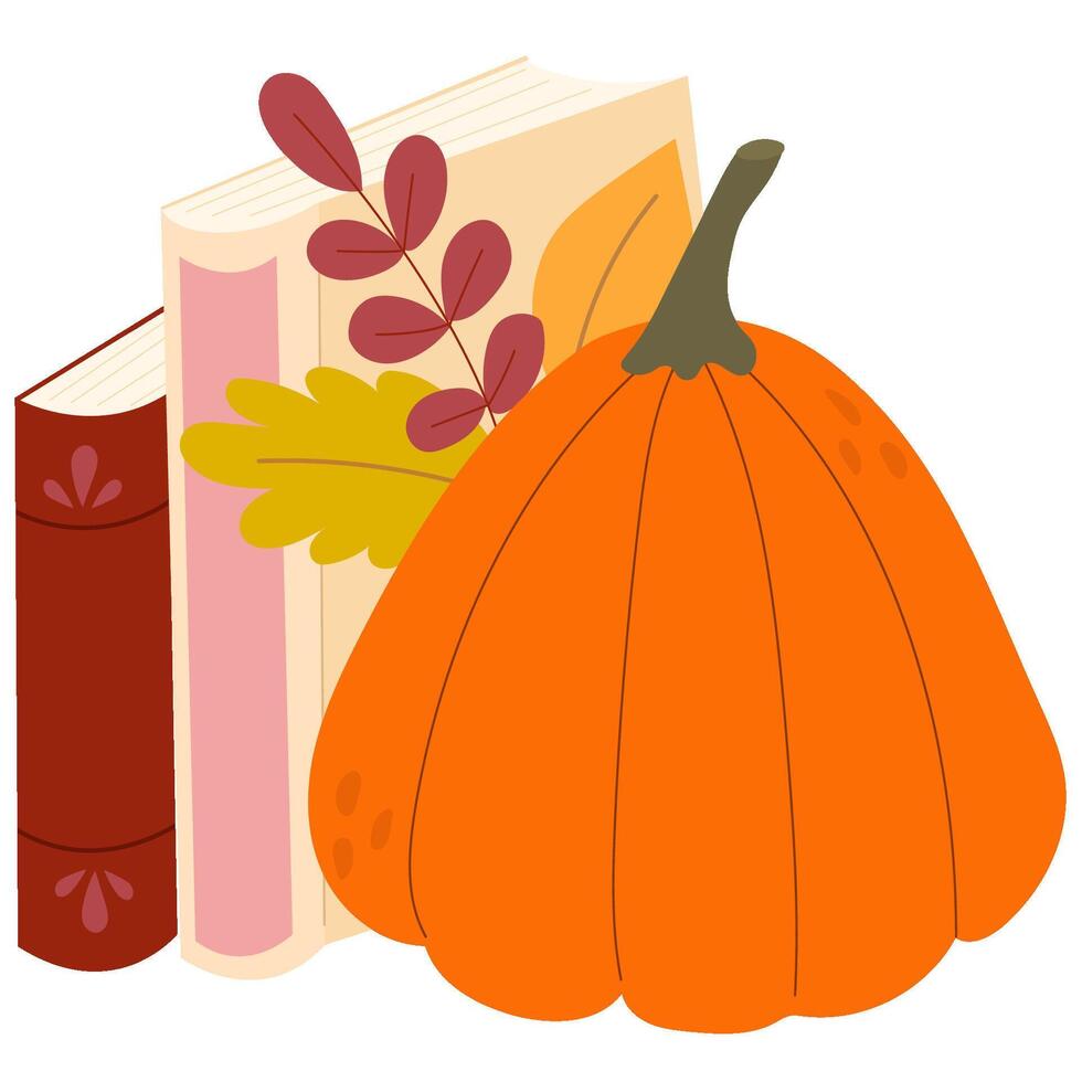 Stacked books, pumpkin and autumn leaves. Greeting card template. Set of reading elements for bookshop, library, bookstore or education vector