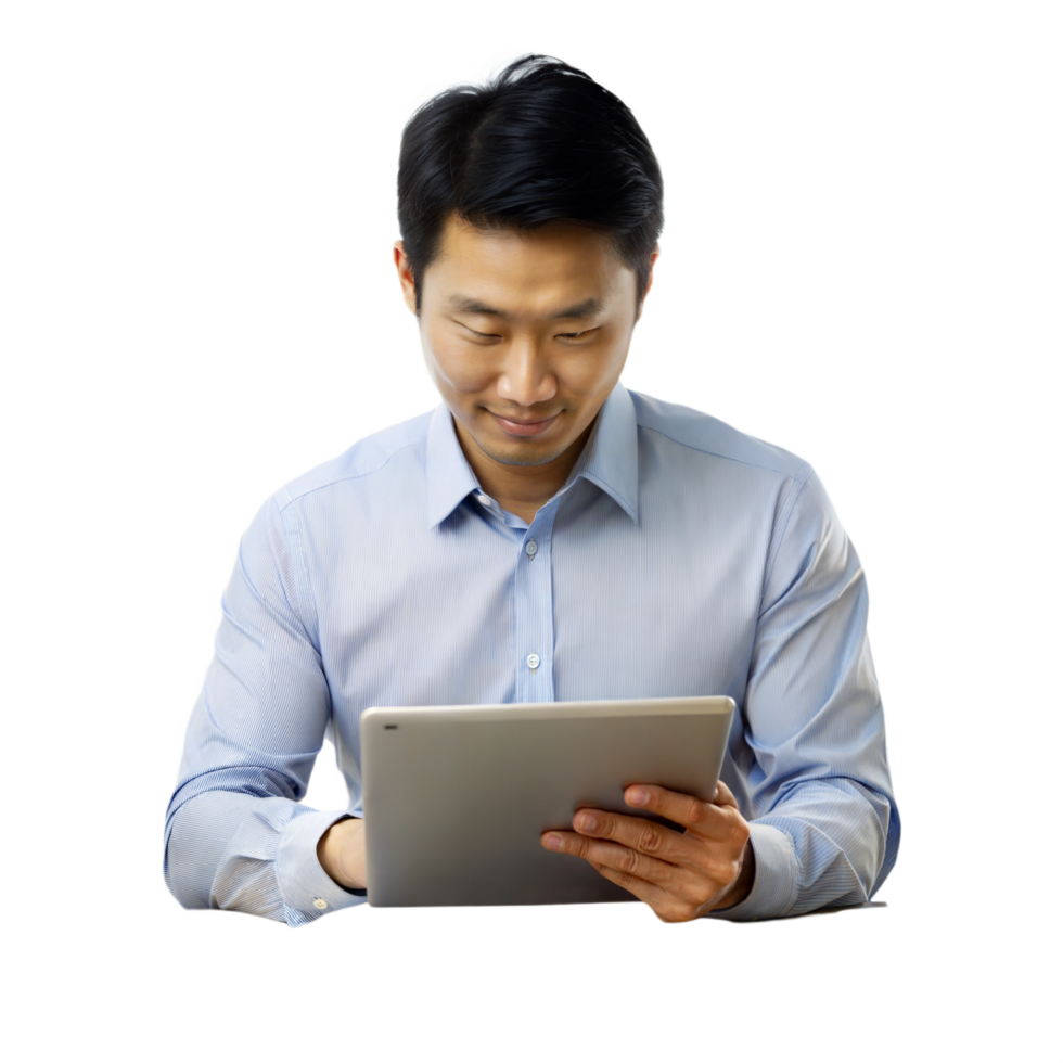 Man in a shirt using a digital tablet png