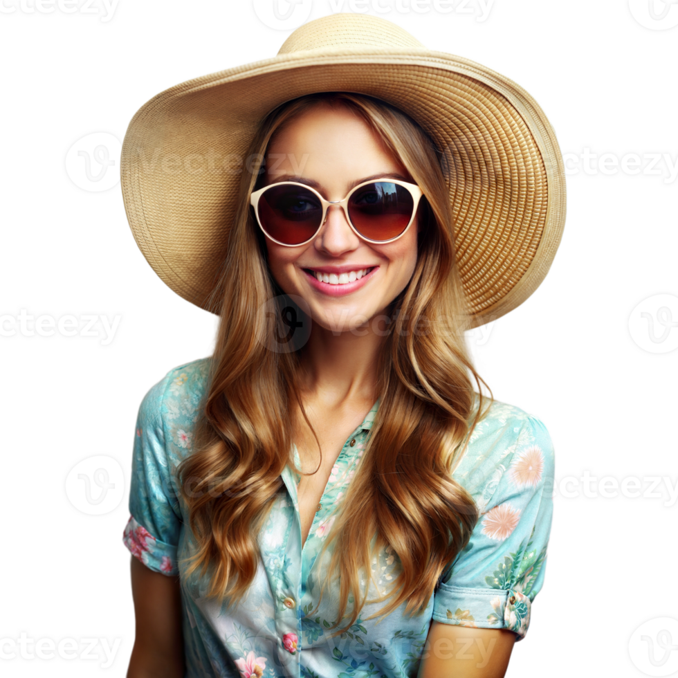 Woman in a sun hat and sunglasses smiling png