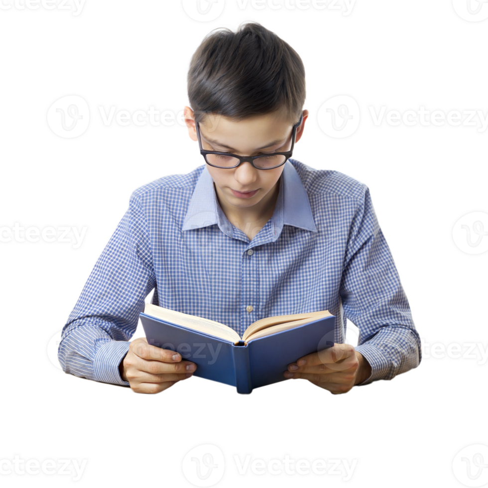 Student reading a book with focused attention png