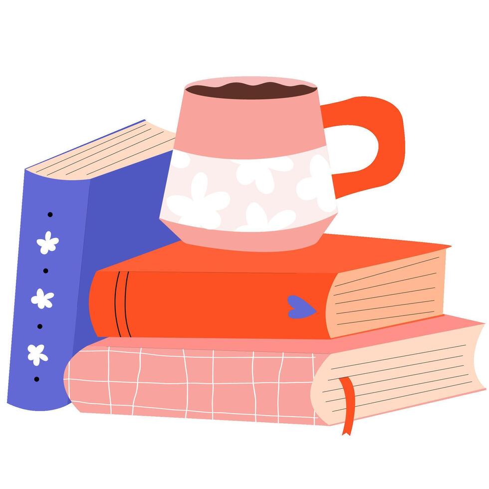 Stack of books and coffee cup. World Book Day. Set of reading elements for bookshop, library, bookstore or education vector