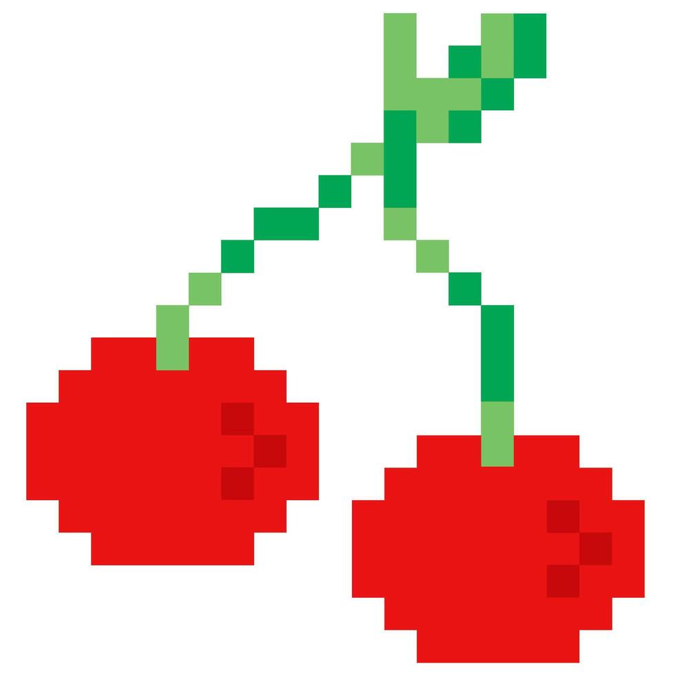 Cherry in pixel art. Cherry in retro 8-bit game style. Pixel cherry design for stickers, icons, cards. vector