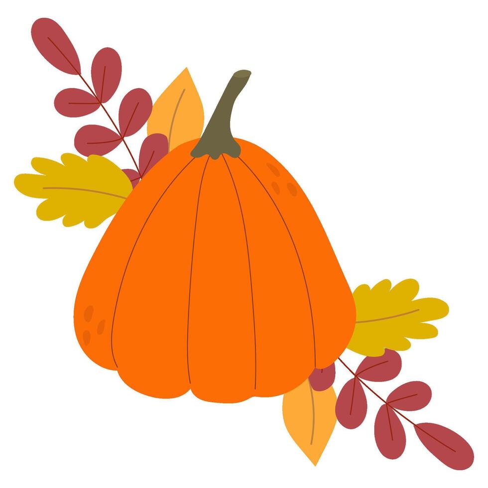 Pumpkin and autumn leaves. Seasonal template with orange gourd and autumn leaves. vector