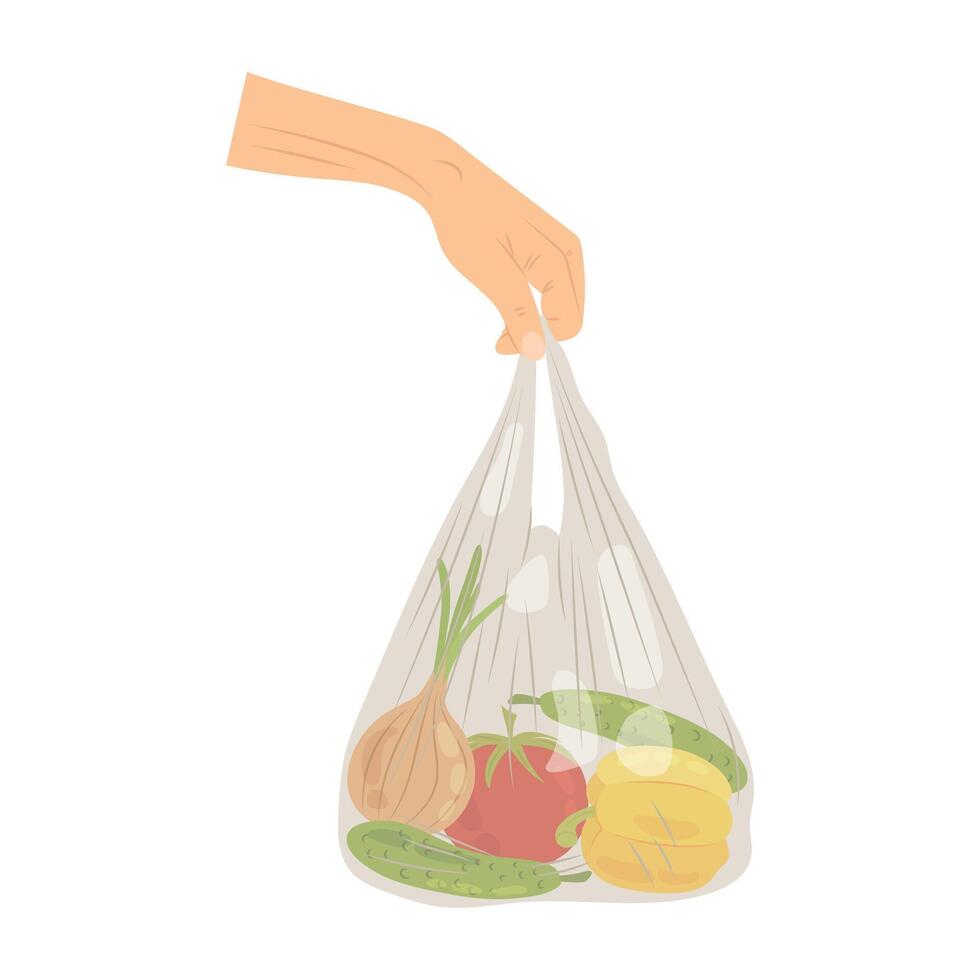 A plastic or eco package with different ripe vegetables in a human hand. Flat style bag with vegetables. No plastic. vector