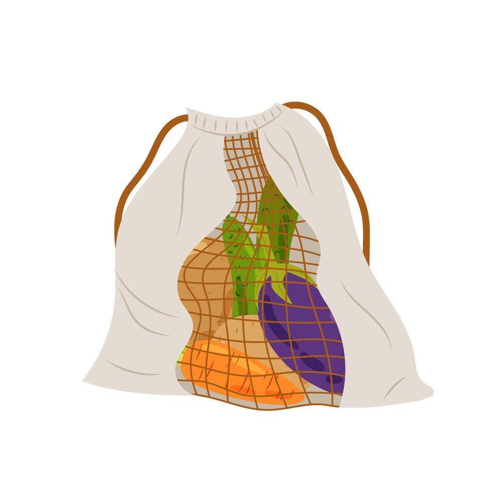 Textile vegetable sack. Ripe vegetables in eco packaging. Grocery bag. Flat style illustration on white background. vector