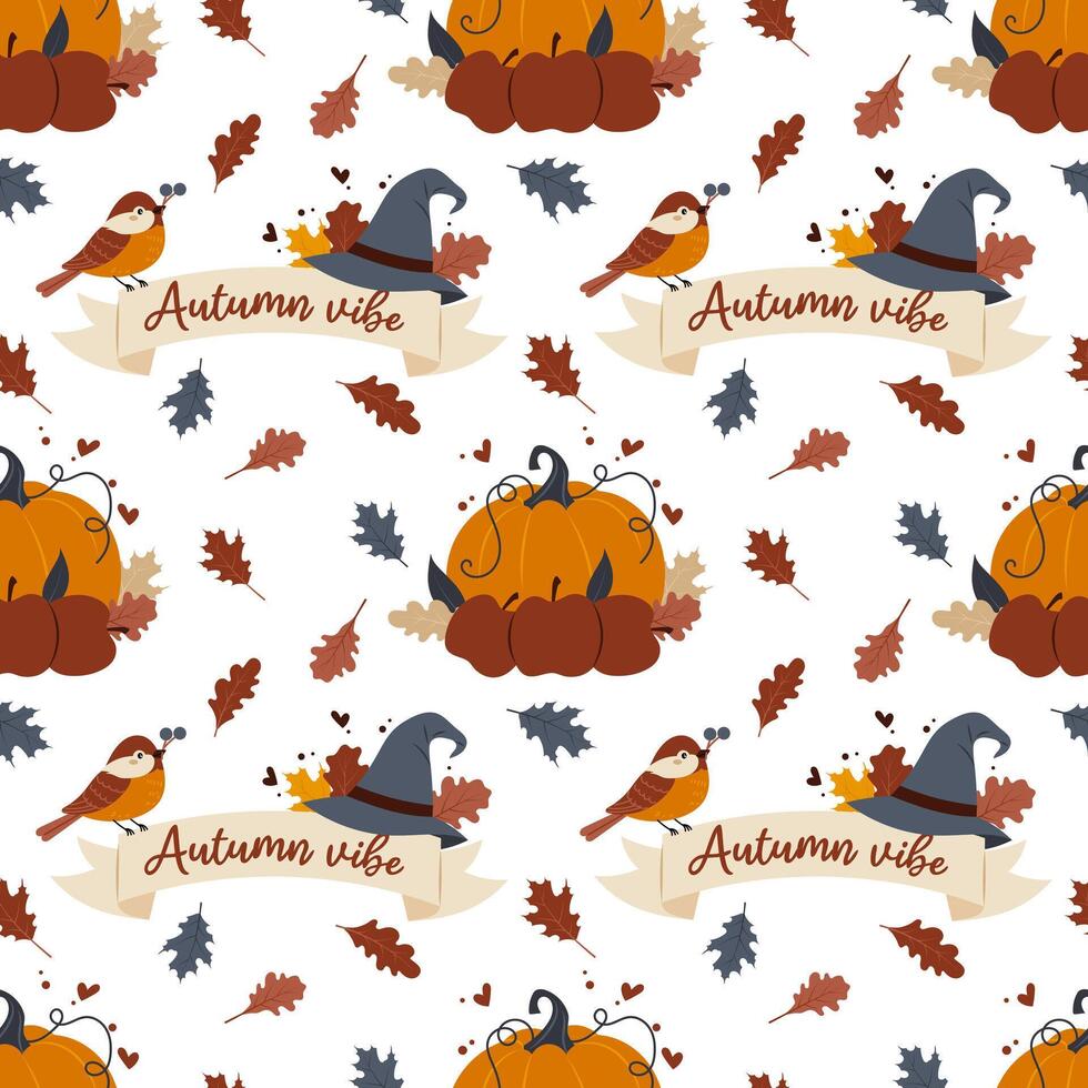 Seamless fall pattern with pumpkins, bird and leaves. Autumn background. Pattern for textile, wrapping paper, background. vector