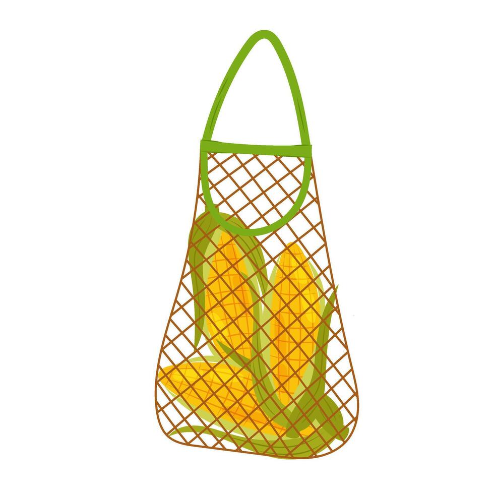 Corn. Corn in a mesh bag. Corns in a bag. Organic farm vegetables. Illustration in flat style on white background. vector