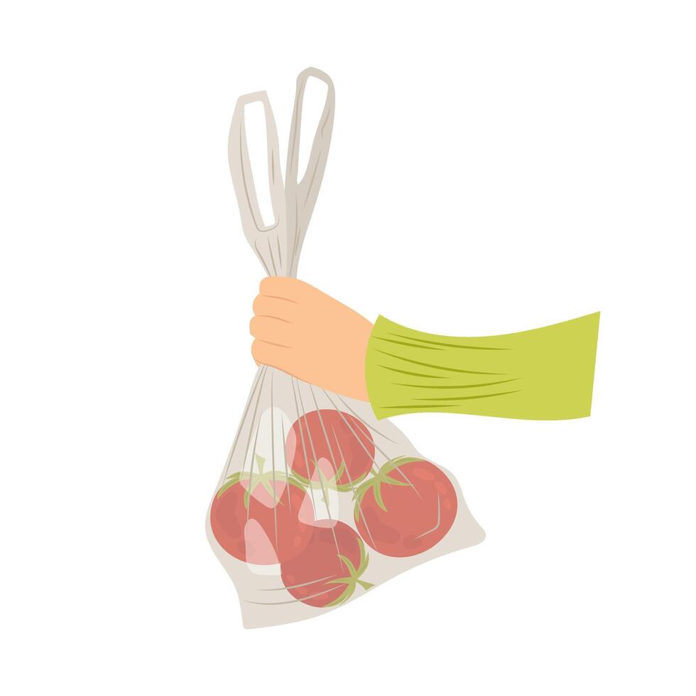 A plastic or eco package of tomato in a human hand. Flat style bag with vegetables. No plastic. vector