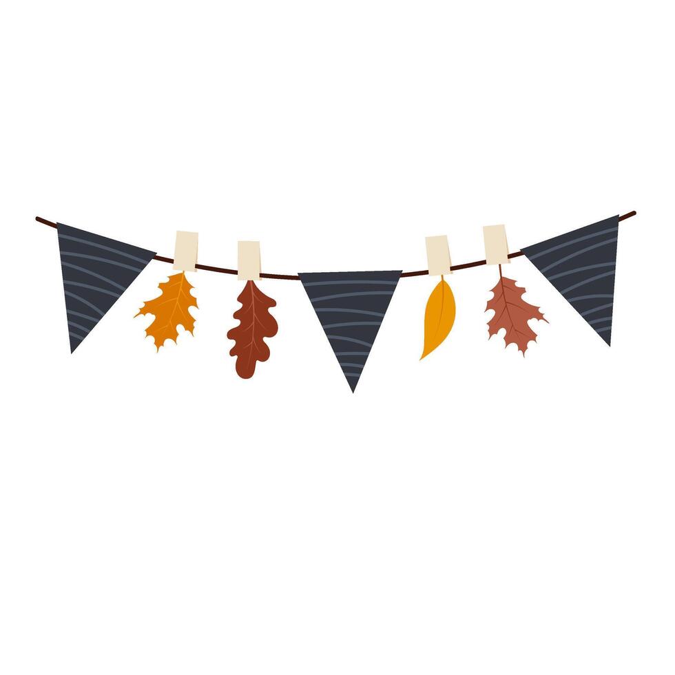 Decorative garland with flags and fall leaves. Autumn decoration. Illustration in flat style. vector