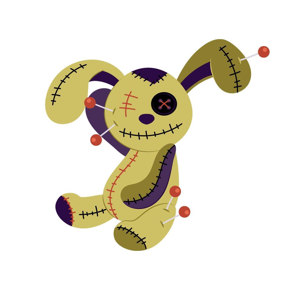 Creepy doll. Cartoon cursed soft bunny toy. Voodoo doll with needles. Halloween decor. Magical tool for witchcraft. Flat illustration on white background. vector