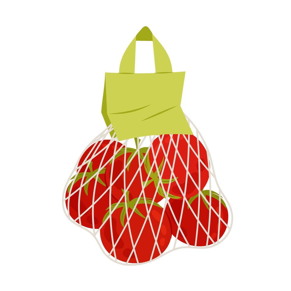 Tomato. Tomato in a mesh bag. Tomatos in a bag. Organic farm vegetables. Illustration in flat style on white background. vector