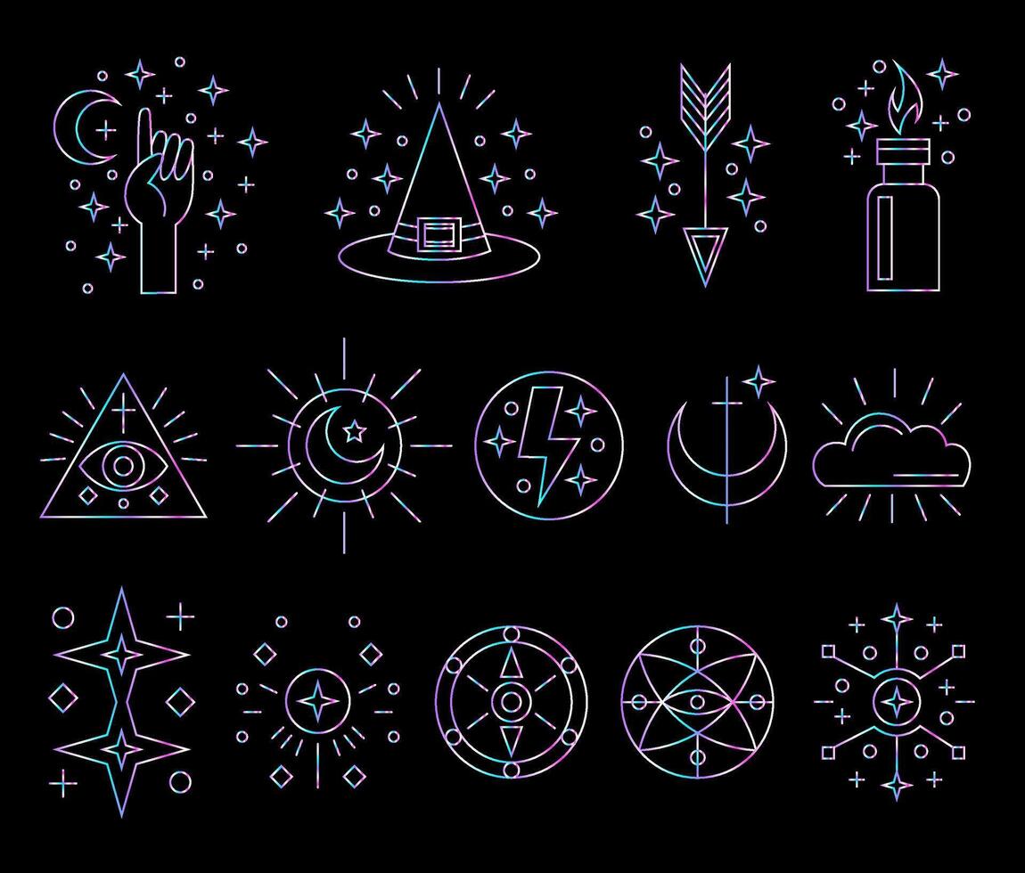 A set of mystical holographic badges. Graphic element for company brand, packaging, product. Outline symbol. Abstract sign with holographic effect. vector