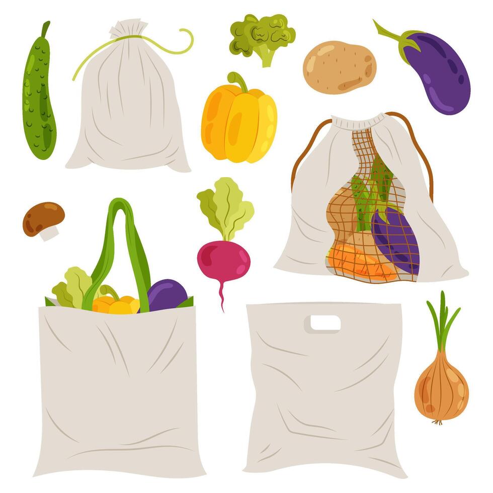 A set illustrations of vegetables with different textile bags. Reusable grocery bags. Shopper, sack, bag. Illustration in flat style. vector