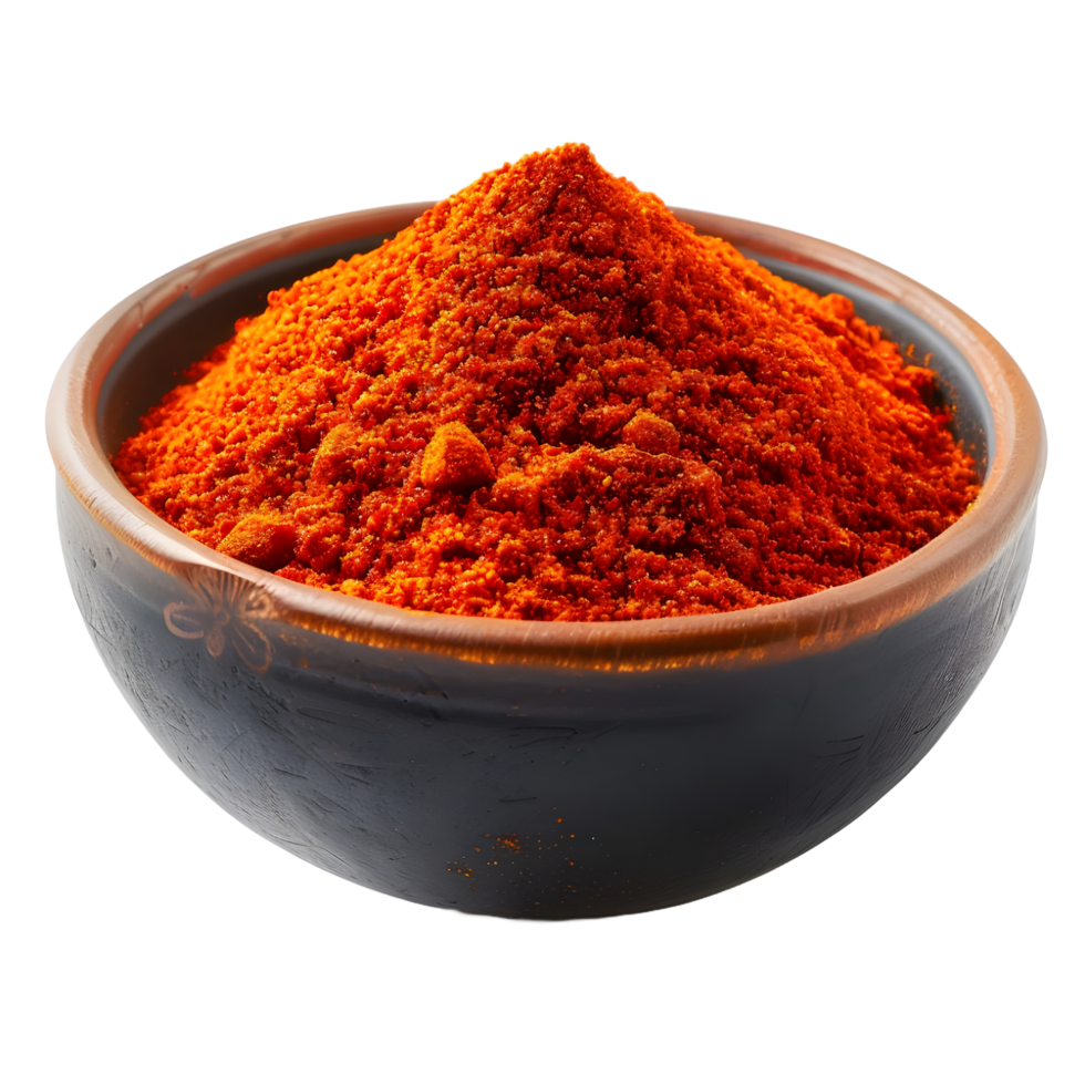 Bowl of chili powder on transparent background high-res 8K png