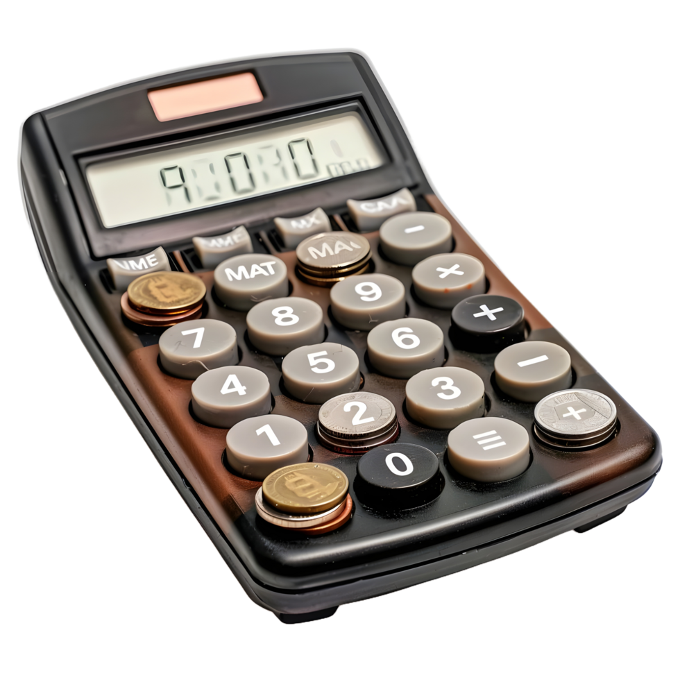 Calculator with stack of coins on transparent background png