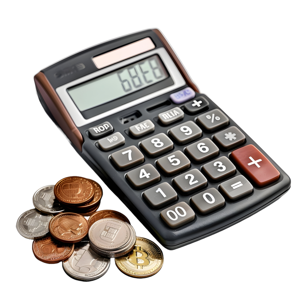 Calculator with stack of coins on transparent background png